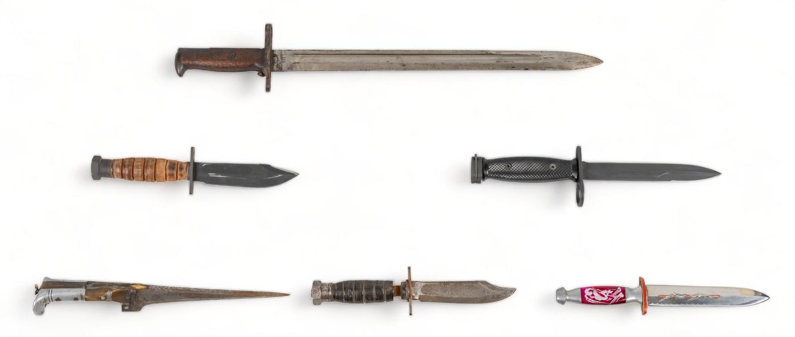 Collection of 6 Bladed Weapons: Includes: -4 x US military blades: Ontario Pilot knife, Camillus Pilot knife, M7 bayonet, Springfield M1905 bayonet -Japanese made dagger w/ leather sheath -Afghan dagger w/ brass sheath Provenance: