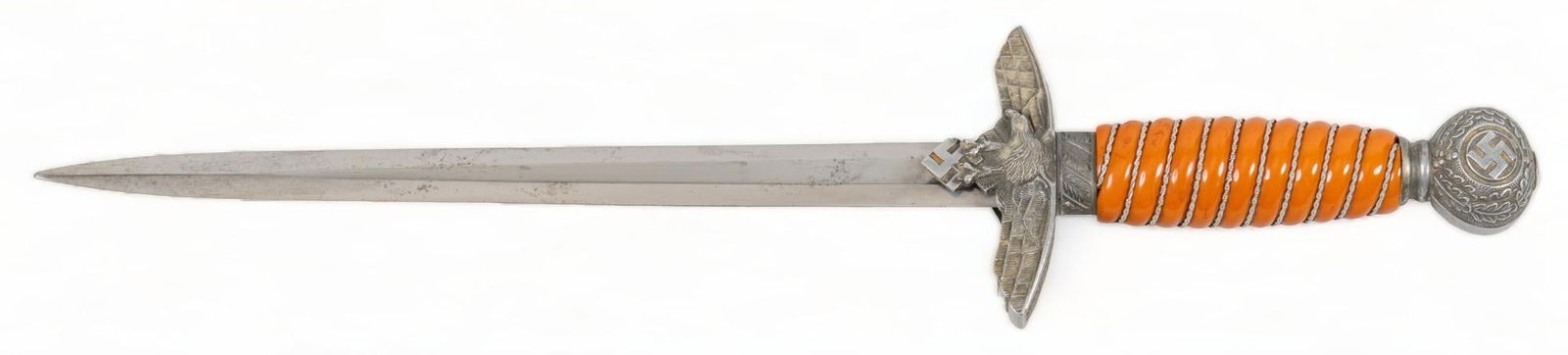 German WWII Eickhorn Officer's Dagger: Manufacturer: Eickhorn-Solingen Model: German Officer's Dagger Blade Length: 10 in. OAL: 16.625 in. w/ scabbard Condition: Good; handle, crossguard, & pommel have light handling marks; blade h