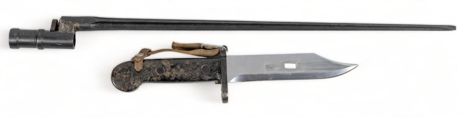 East German AKM & Mosin Nagant Bayonets: Manufacturer: (1) East Germany; (2) Russia Model: (1) Model 59 AKM Type I; (2) M1891/30 Blade Length: (1) 5.75 in.; (2) 16 in. OAL: (1) 13 in.; (2) 19.75 in. Condition: (1) Good; light wear throughout