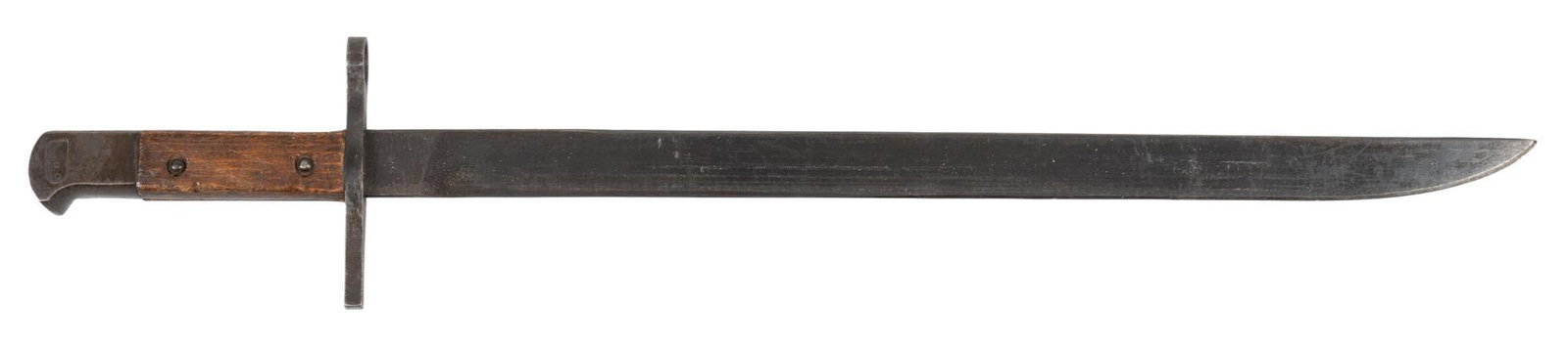 WWII Japanese Transitional Last Ditch Type 30 Bayonet: Manufacturer: Matsushita Metalworking Corp. Model: Type 30 Blade Length: 15.75 in. OAL: 20.25 in. Condition: Good; wood grips have moderate wear; blade retains most of original finish w/ some moderate
