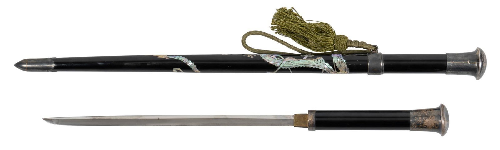 Pair of Korean War Era Swagger Stick Swords: Manufacturer: Korea Model: Swagger Stick Sword Blade Length: (1) 10 in.; (2) 10.5 in. Overall Length: (1) 20 in. w/ scabbard; (2) 17 in. Longest Case: 25.75 x 2.25 x 2 in. Condition: both are good w/ 