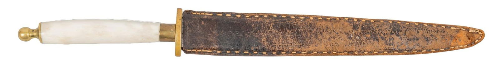 Likely German Bone Handle Dagger: Manufacturer: Unknown German Model: Bone Handle Dagger Blade Length: 8 in. OAL: 13.75 in. w/ sheath Condition: Good; bone handle has minor wear; brass guard & pommel have some patina & wear; b
