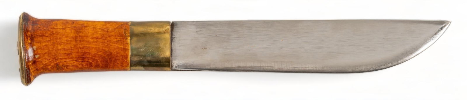 Vintage Mikkelsen Norwegian Hunting Knife W/ Sheath: Manufacturer: R. Mikkelsen - Nyborg, Finnmark, Norway Model: Hunting Knife (c. 1950-1960) Blade Length: 8 in. OAL: 12.5 in. Condition: Good; wood handle has moderate wear; brass fitting have moderate 
