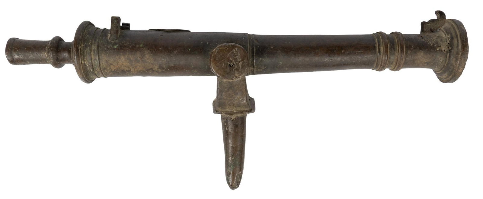 18th-19th C. European Swivel Cannon: Includes: 18th-19th C. European swivel cannon Measures: 27 L x 5.5 W x 11 H in. Details: solid bronze cannon & swivel pin; diamond plaque on top of barrel is unmarked or worn off; no noticeable ma
