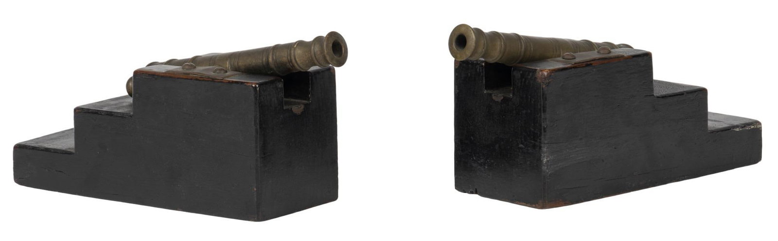 Pair of Functional Miniature Brass Platform Cannons: Includes: (2) miniature brass cannons on wood platform bases Condition: Fair; brass cannons have fair amount of patina; wood block platforms have moderate wear & cracked paint Dimensions: 9.5 L x 