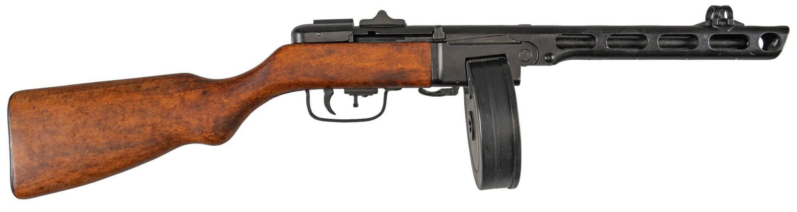 Replica Denix Soviet WWII PPSH-41 SMG Dummy: Manufacturer: Denix-Spain Model: PPSH Replica OAL: 32 in. Condition: Good; light handling marks Includes: replica drum magazine No FFL NICS Check Required Provenance: A Highland Oaks, Texas estate