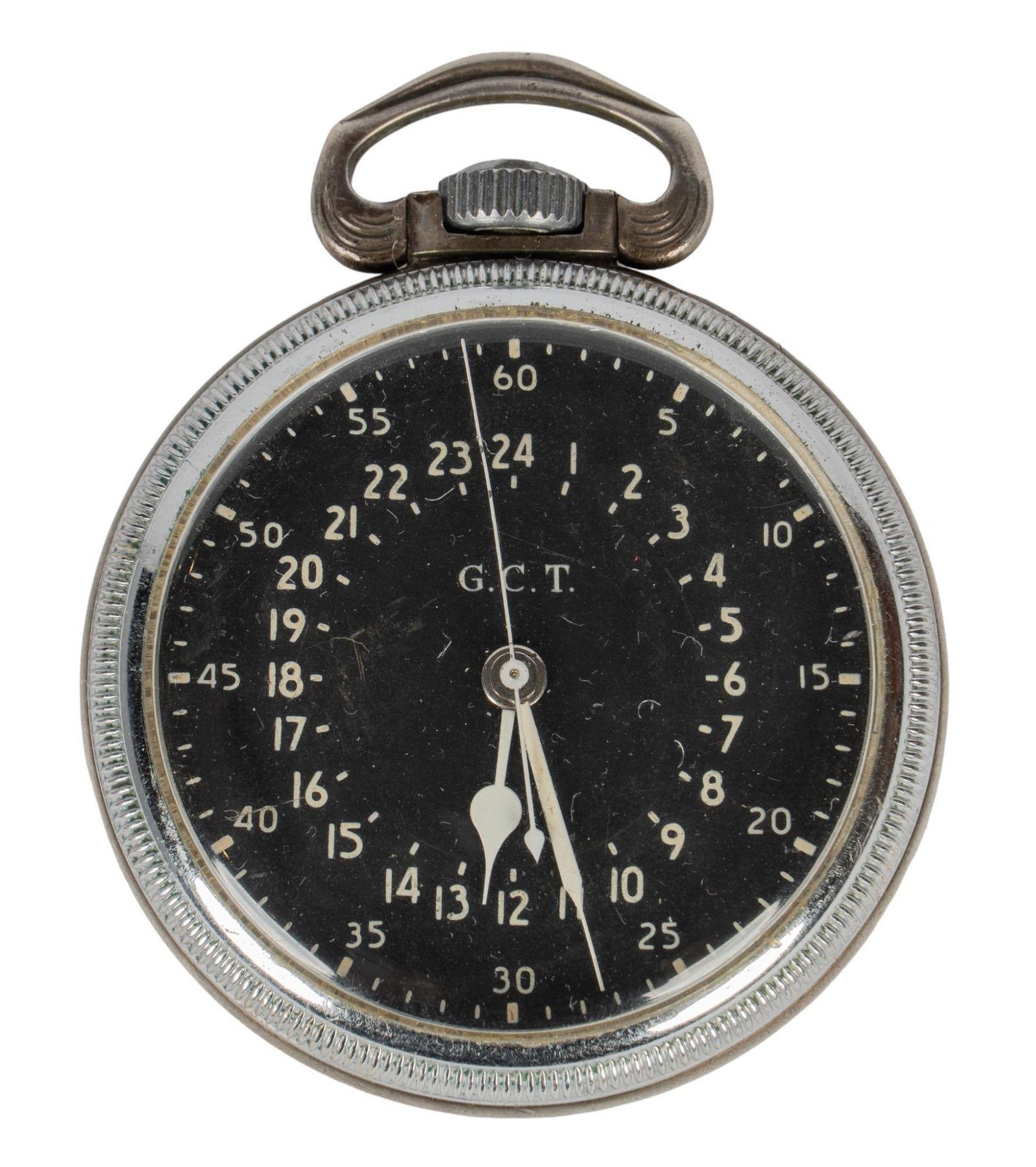 Hamilton GCT US Army Pocket Watch: Hamilton Watch Co., WWII military issue pocket watch having 22 jewel movement, no 4992B, Keystone .800 fin silver base case, black dial with white markers and hands; serial no H-4410 Case diameter 51