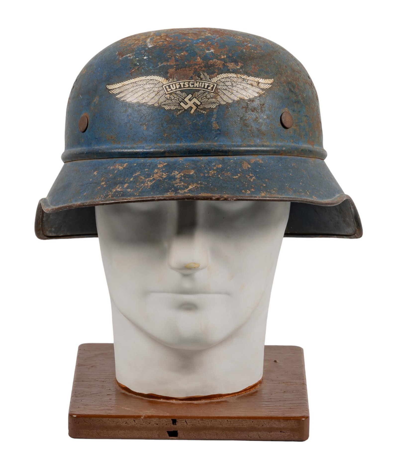 WWII German M39 Luftshutz Gladiator Helmet: Manufacturer: Paul Diener of Dresden Model: M39 Gladiator Measures: 6 H x 10 W x 11.25 D in. Condition: wear commensurate w/ age; scattered rust; blue paint chipped throughout; missing liner Marked: &