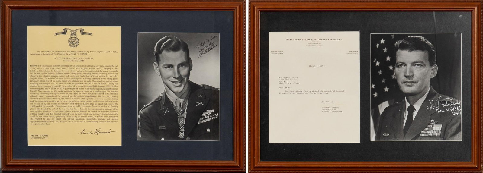 Pair of US Signed Photographs: General Schriever & Medal of Honor: Includes: (1) signed photograph of USAF General Schriever, named to Capt. Pete Guerra; w/ signed notation dated March 4, 1998 (2) signed photograph of US Medal of Honor Recipient, Staff Sergeant Walte