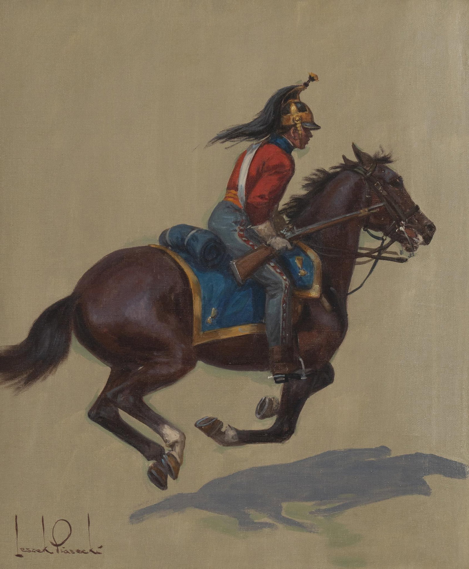Leszek Piasecki, British Cavalry Napoleonic Wars: Leszek Piasecki, mounted cavalry soldier possibly hussar, oil on canvas laid down on board sight: 20 x 24 in., frame: 23.5 x 27.5 in. Provenance: A San Angelo, Texas estate Nationwide in-house shippin