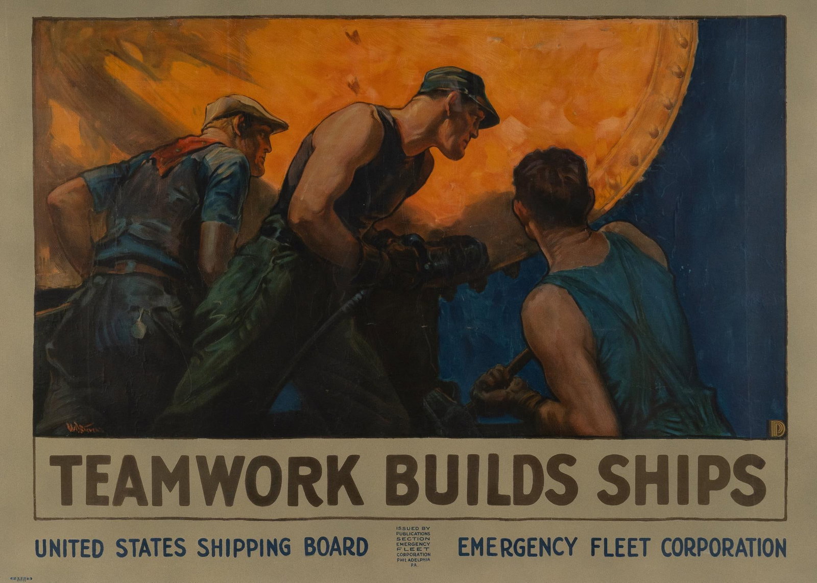 Original William Dodge Stevens, "Teamwork Builds Ships", United States Shipping Board, Hand Colored: William Dodge Stevens, "Teamwork Builds Ships", United States Shipping Board, hand-colored lithograph in frame Image size: 35 H x 48 L in. Frame size: 42.5 H x 62.5 L in. Provenance: A San Ant