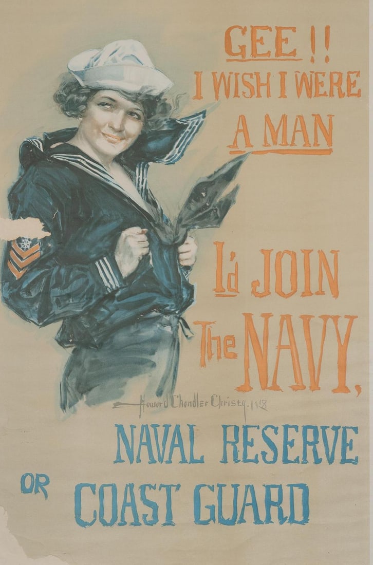 "Gee, I Wish I Were a Man", WWI Era Poster: "Gee, I Wish I Were a Man", WWI-era poster, dated 1918, Naval Reserves or Coast Guard, Howard Chandler Christy (Amer., 1872-1952) illustrator sight: 39 x 25 in., frame: 42 x 28 in. Provenanc