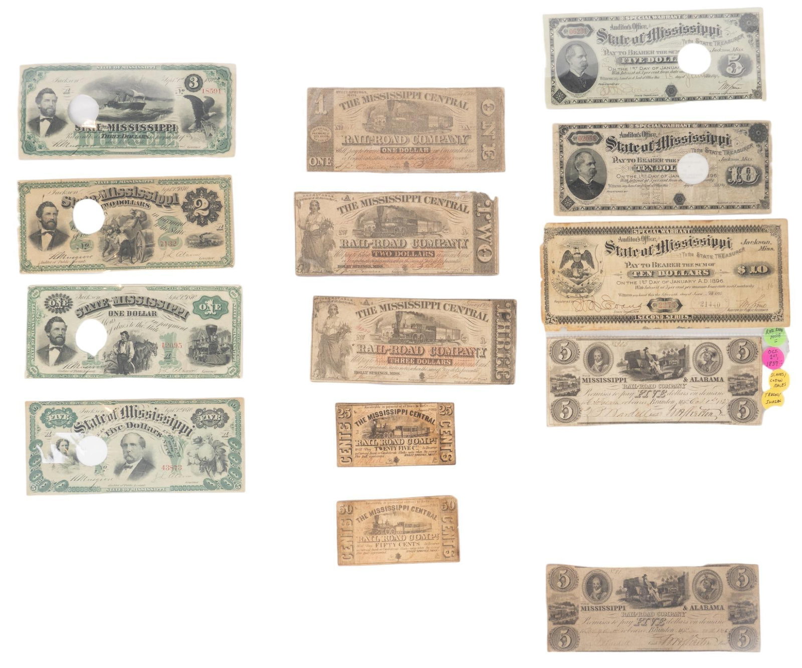 Collection of 14 Various 19th C. Mississippi Treasury Notes: Includes: -(2) $0.25 & $0.50 Mississippi 1863 Confederate Notes -(1) $5 Mississippi 1896 Auditor Special Warrant Note -(2) $10 Mississippi 186 Auditor Special Warrant Notes; (1) second series -(2)