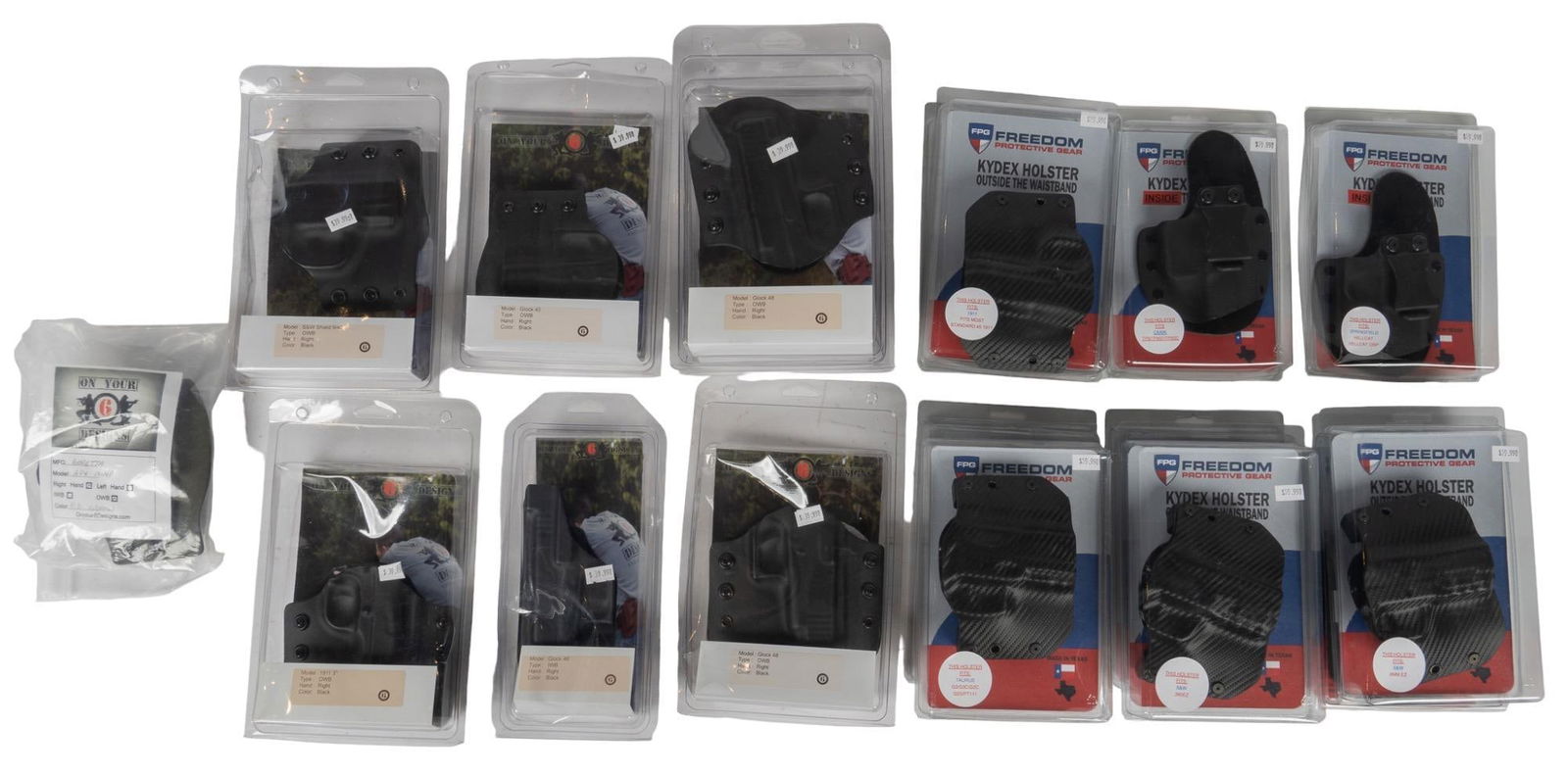 18 On Your 6 Brand holsters: Includes: 18- On Your 6 Belt holsters for various models including Glock, Smith & Wesson, 1911 and more Condtion: Excellent- New in package Provenance: Collection from now closed South Texas Guns