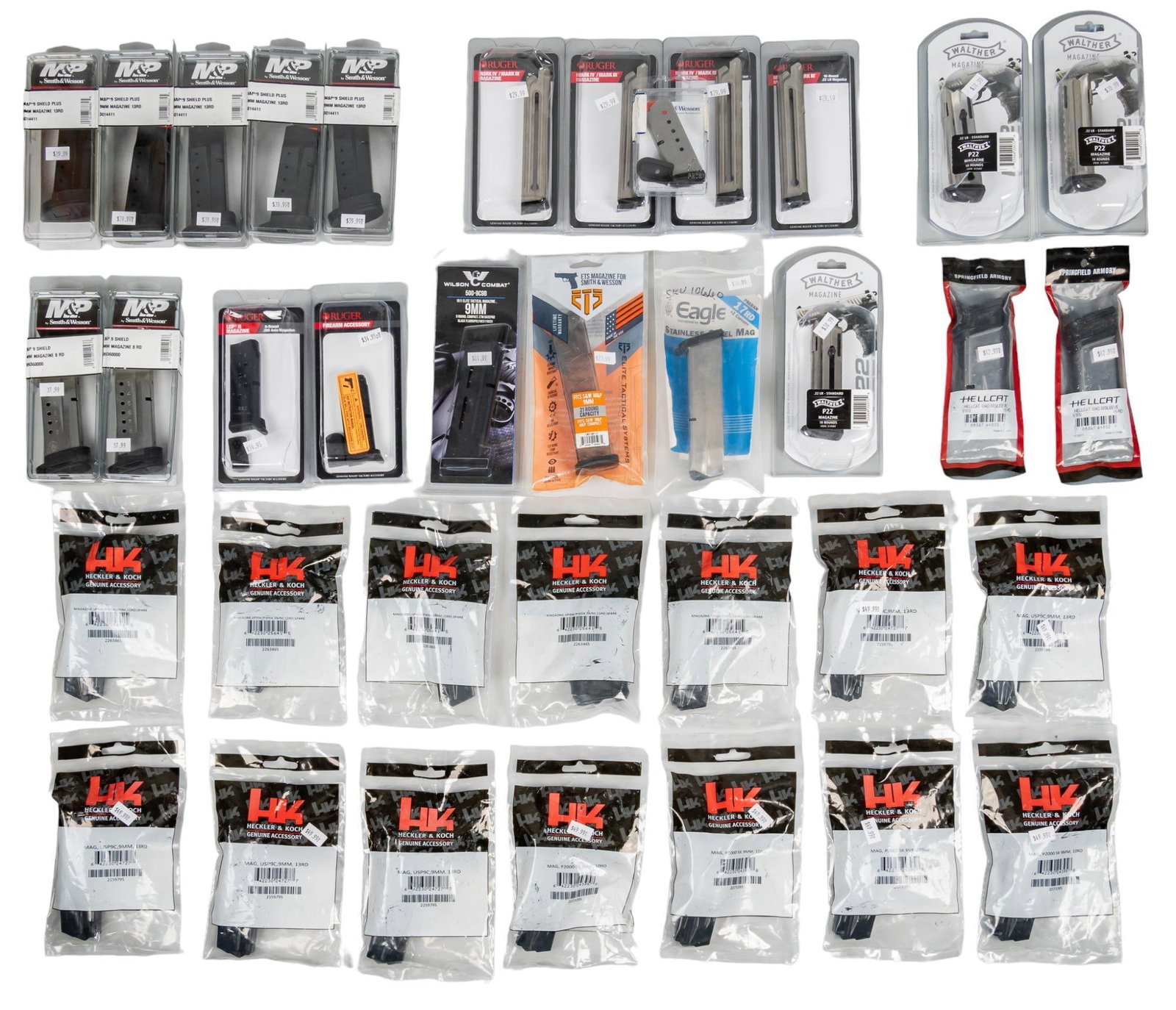 Collection of 34 Pistol Magazines H&K S&W Walther Ruger: Includes: 5- H&K 15 round VP9SK/P30SK 9mm magazines 5- H&K 13 round USP 9 C 9mm magazines 4- H&K 10 round P2000 9mm magazines 5- S&W 13 round M&P Shield Plus 9mm magazines 2- S&