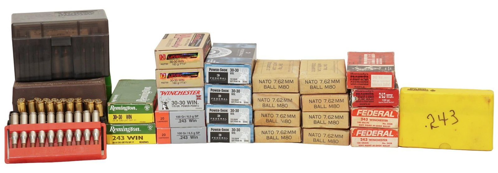 Approximately Rounds of Mixed 30-30, 243, & 7.62 NATO Ammunition: Includes: -30-30: Hornady, Remington, Winchester & Federal: 160gr. FTX, 170gr. SP or PP, 150gr. SP -243 Win: Remington, Federal, Hornady & Igman: 100gr. SP -7.62 NATO PMC M80 Ball -mixed reloa