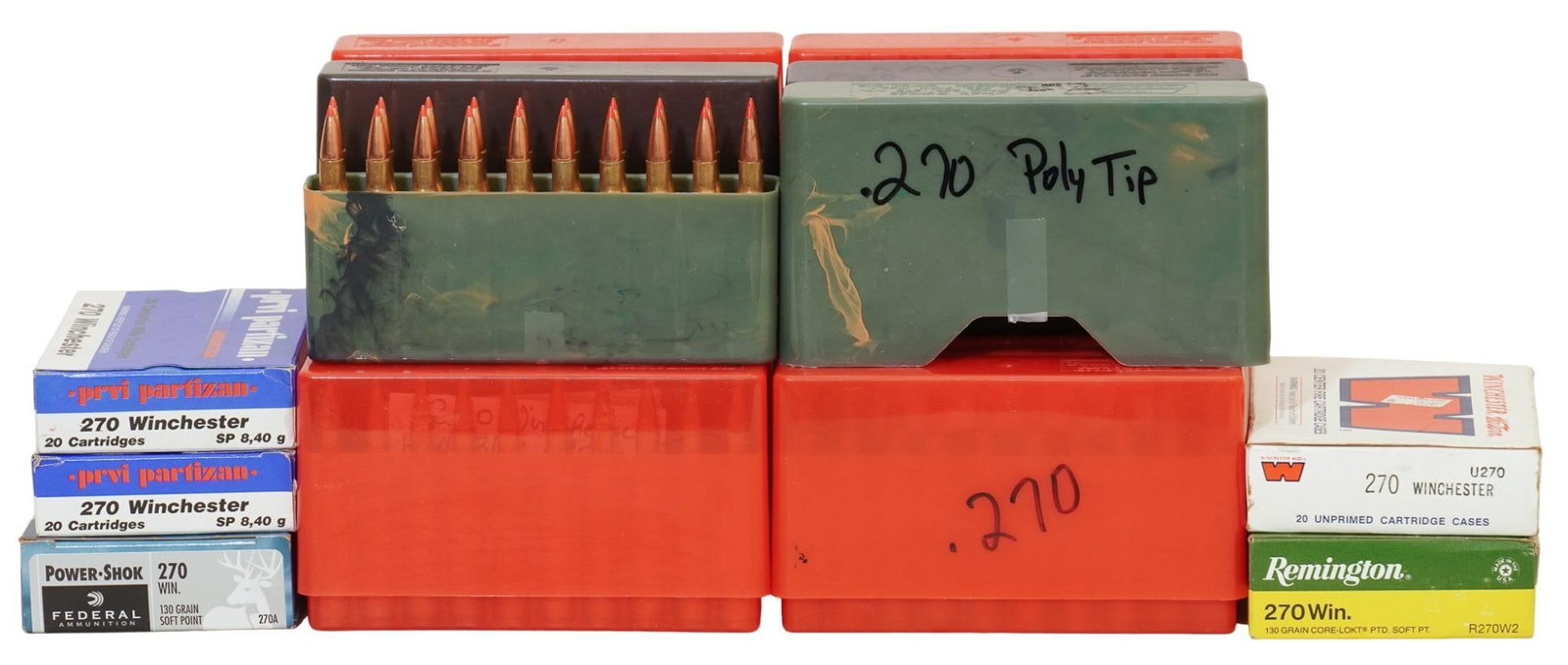 Approximately 370 Rounds of Mixed 270 Win Ammunition: Includes: -PRVI, Federal, Remington & Winchester: SP -mixed reloads: Poly-tip, BTHP Provenance: A Cotulla, Texas estate Note: We do not guarantee reliability of reloads. Bid with caution. Nationw
