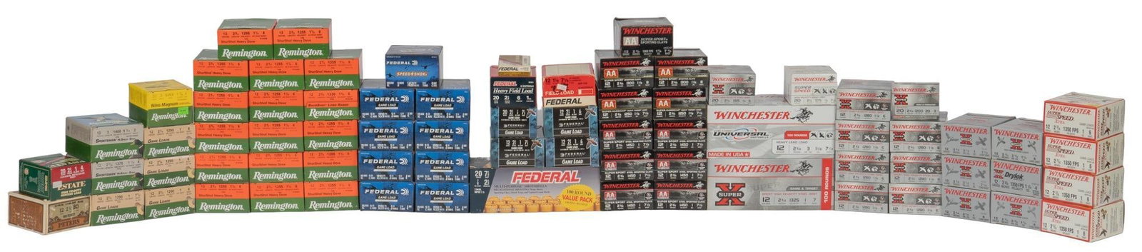 Approximately 2135 rounds of 12 Ga & 20 Ga Shotshells: Includes: -400 Rounds of Remington Shurshot Heavy Dove 12 Ga (2 3/4) 1 1/8 Oz, #6 shot -25 Rounds of Remington Shurshot Long Range 12 Ga (2 3/4) 1 1/4 Oz, #6 shot -100 Rounds of Remington Game Load 12