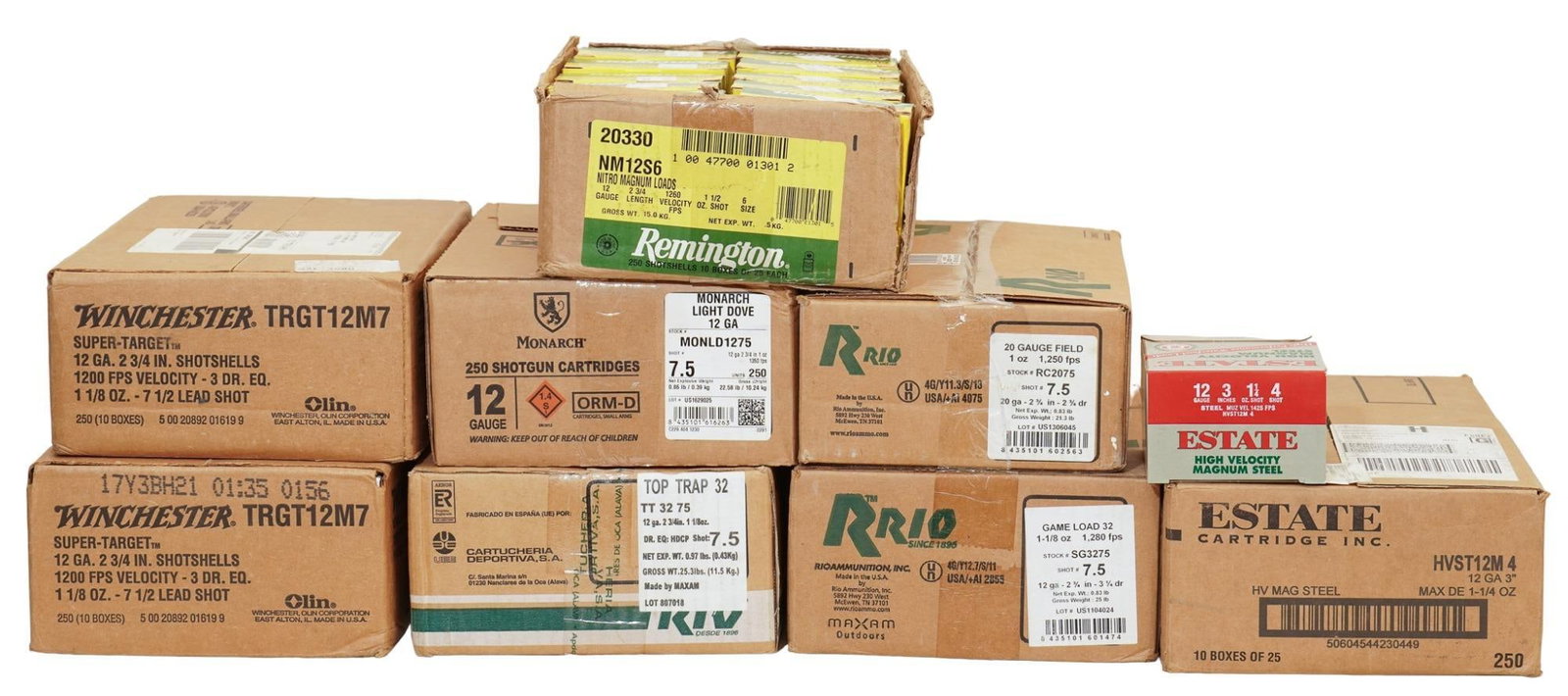 2000 Shotshells of Mixed 12 & 20 Gauge: Includes: -500 shotshells of Winchester Super Target 12 ga. 2.75 in, 1.125 oz., 7.5 shot -250 shotshells of Monarch Light Dove 12 ga. 2.75 in., 1 oz., 7.5 shot -250 shotshells of Remington Nitro Magnu