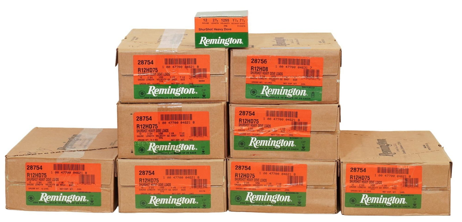 2000 Shotshells of Remington 12 Gauge Shurshot Heavy Dove: Includes: -2,000 shotshells of Remington Shurshot Heavy Dove Load 12 ga. 2.75 in, 7.5 shot, 1.125 oz. (8 cases of 250 each) (1 case of 8 shot) Provenance: A Cotulla, Texas estate Nationwide in-house s