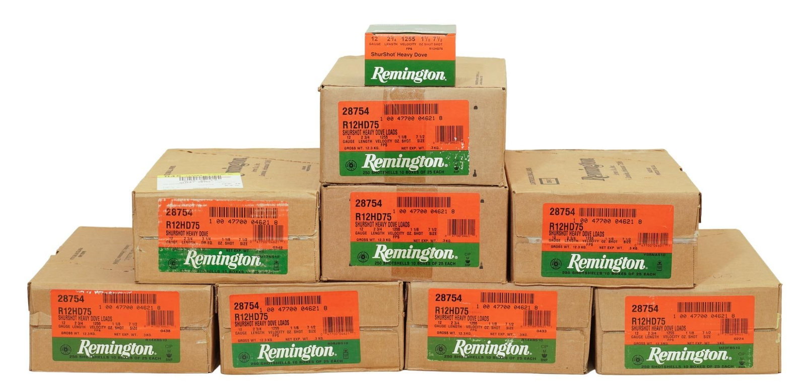 2000 Shotshells of Remington 12 Gauge Shurshot Heavy Dove: Includes: -2,000 shotshells of Remington Shurshot Heavy Dove Load 12 ga. 2.75 in, 7.5 shot, 1.125 oz. (8 cases of 250 each) Provenance: A Cotulla, Texas estate Nationwide in-house shipping is availabl