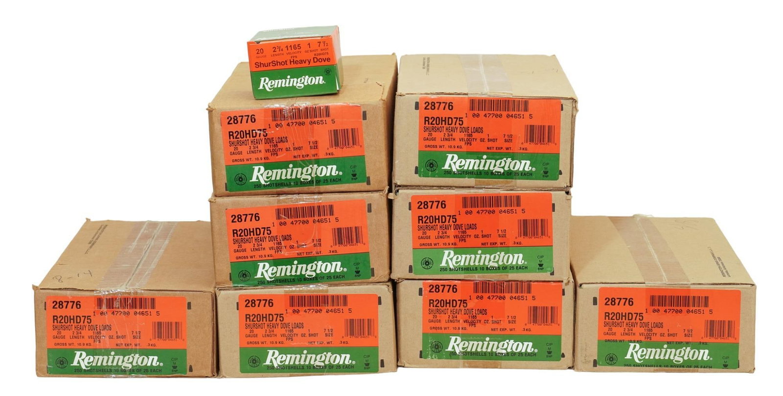 2000 Shotshells of Remington 20 Gauge Shurshot Heavy Dove: Includes: -2,000 shotshells of Remington Shurshot Heavy Dove Load 20 ga. 2.75 in, 7.5 shot, 1 oz. (8 cases of 250 each) Provenance: A Cotulla, Texas estate Nationwide in-house shipping is available on