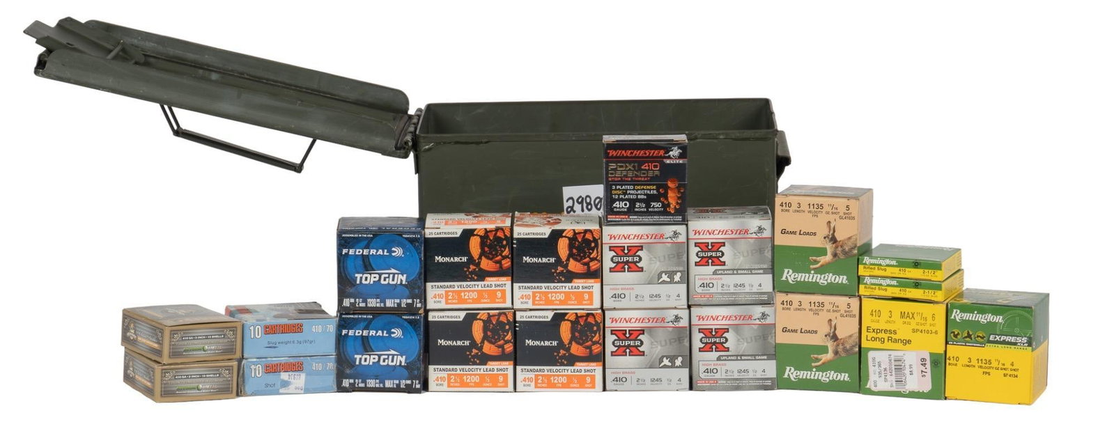Approximately 410 rounds 410 GA Shotshells: Includes: -10 rounds of Winchester PDX1 410 Ga (2 1/2), multi load -10 rounds of Barnaul 410 Ga (2 3/4) 97 Gr, slugs -10 rounds of Barnaul 410 Ga (2 3/4) 17 gram, #3 shot -10 rounds of Remington 410 G