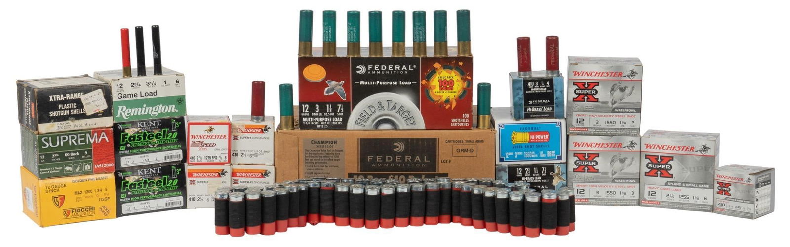 Collection of Approx. 848 Mixed Shotshells: Includes: -full case (250) of Federal 12 ga, 2 3/4 in., 7 1/2 shot, 1 1/8oz -148 410 bore shotshells: 75 x Winchester Super X 2 1/2 in., 6 shot, 1/2 oz.; 25 x Winchester Super X 2 1/2 in., 7 1/2 shot