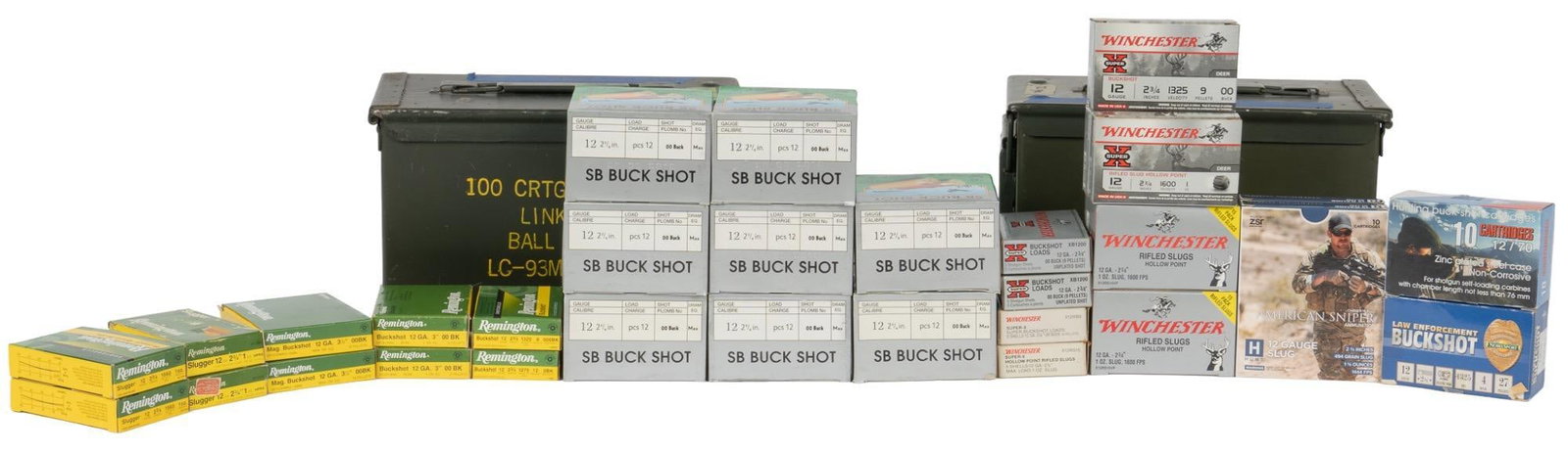 355 Mixed Buck Shot & Slug Shotshells: Includes: -200 shotshells of Sellier & Bellot 00-Buck, max, 12 pellet, 2.75 in. -45 shotshells of Winchester Super-X Rifled Slug HP, 1oz., 2.75 in. -20 shetshells of Winchester Super-X 00-Buck, 9 