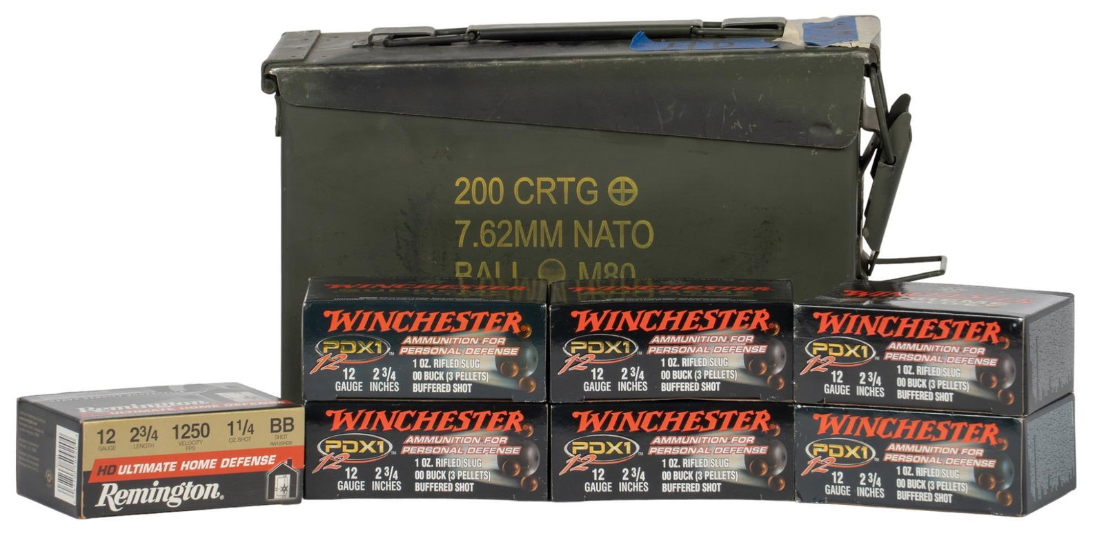 70 Shotshells of Winchester PDX1 & Remington Ultimate HD: Includes: -60 shotshells of Winchester PDX1 00-Buck, 1oz. rifled slug, 2.75 in. -10 shotshells of Remington Ultimate HD BB 1.25oz., 2.75 in. Provenance: A Lago Vista, Texas estate Nationwide in-house 