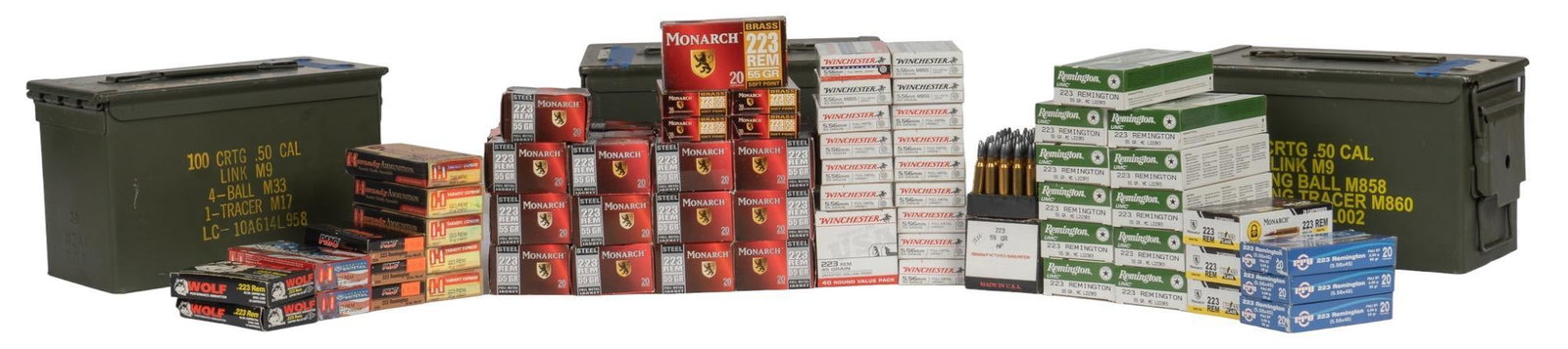 1810 Rounds of Mixed 223/5.56 Ammunition: Includes: -740 rds of Monarch Steel 223 55gr. FMJ -50 rds of FCBC Remanufactured 223 55gr. HP -240 rds of Winchester 5.56 55gr. FMJ -60 rds of Winchester 5.56 62gr. M855 FMJ -40 rds of Winchester 223 