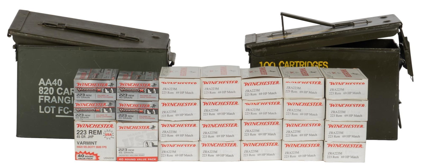 541 Rounds of Mixed Winchester 223 Rem Ammunition: Includes: -400 rds of Winchester 69gr. HP Match -40 rds of Winchester VarmintX 40gr. Polymer Tip Rapid Expansion -40 rds of Winchester VarmintX 55gr. Polymer Tip Rapid Expansion -61 rds of Winchester 
