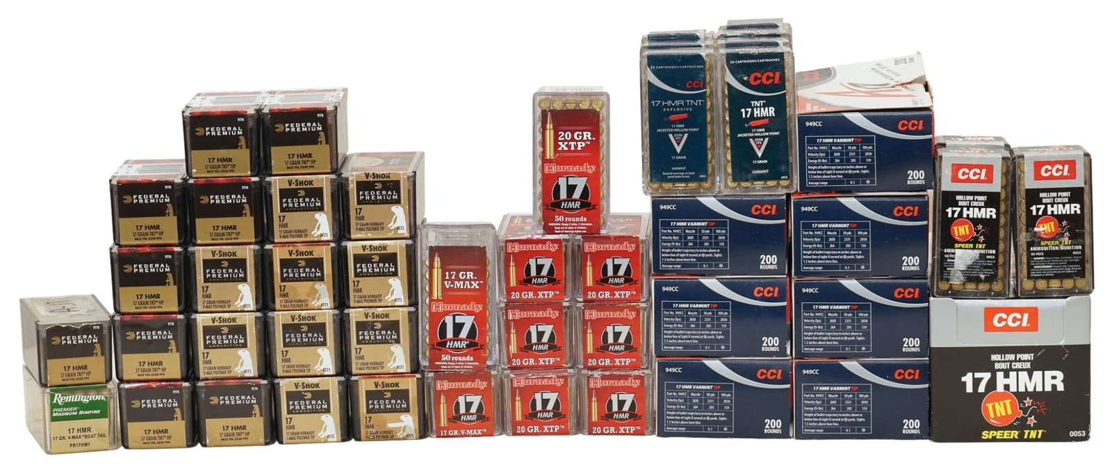 Approximately 3600 Rounds of Mixed 17 HMR Ammunition: Includes: -mix of Hornady 20gr. XTP; CCI 17gr. JHP; Federal 17gr. V-Max PT & HP; CCI TNT; Remington 17gr. V-Max BT Provenance: A Cotulla, Texas estate Nationwide in-house shipping is available on 