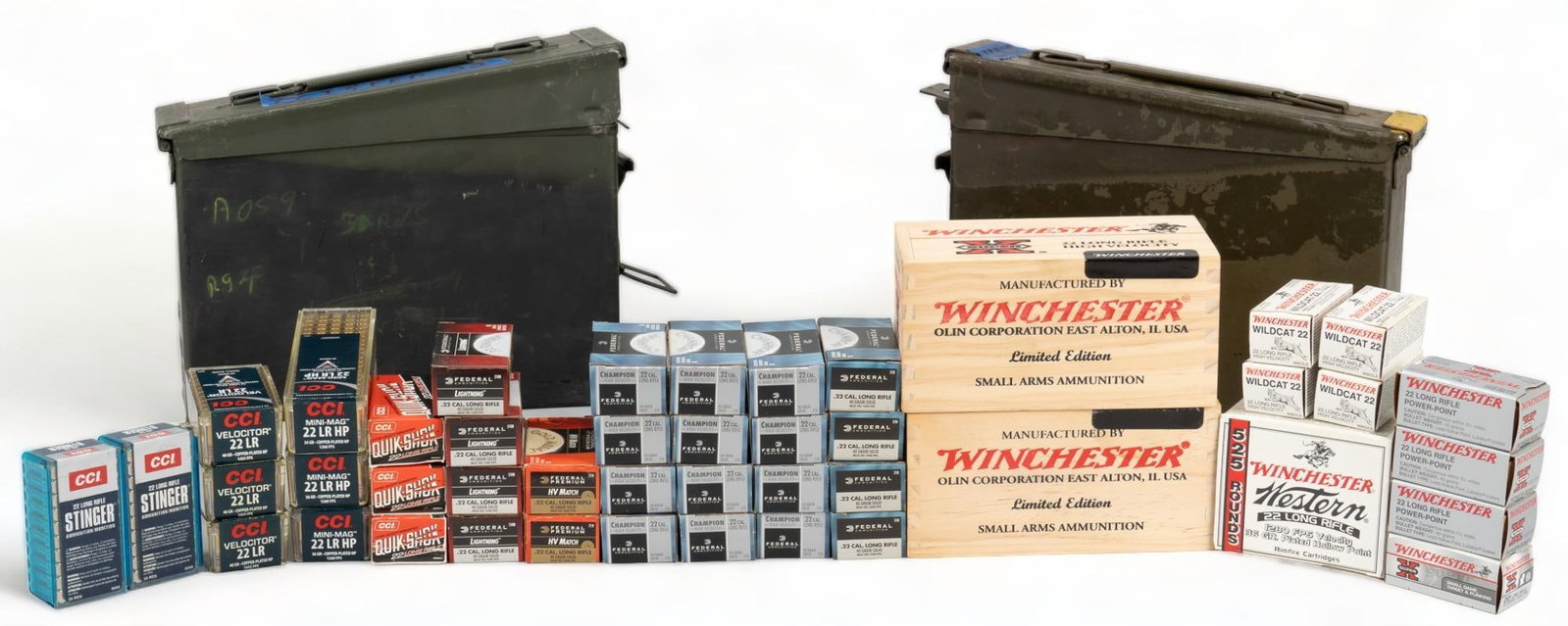 Approximately 3725 Rounds of Mixed 22 LR Ammunition: Includes: -1000 rds of Winchester Super-X 40gr. lead -150 rds of Winchester Super-X 40gr. Power-Point -50 rds of Winchester Super-X 40gr. lead copper plated -200 rds of Winchester Wildcat 40gr. lead -