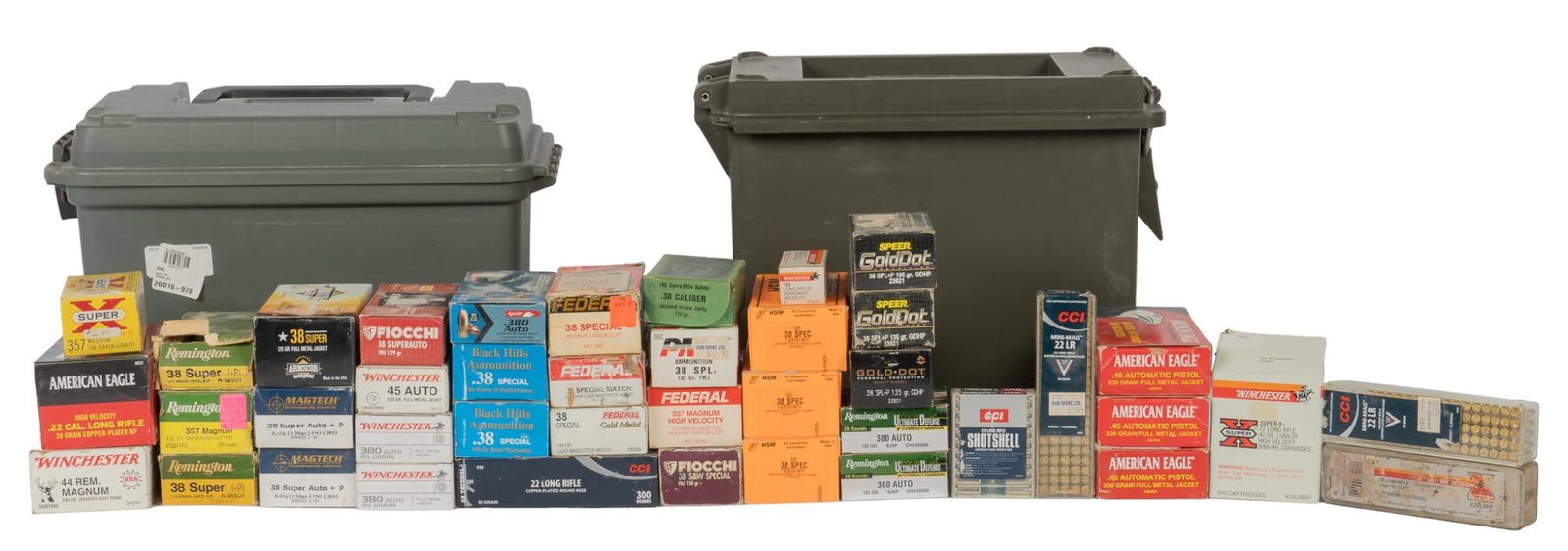 Approximately 2300 Rounds of Mixed Handgun Ammunition: Includes: -139 rds of mixed 357 Mag: Federal, Winchester-Western, Remington -342 rds of mixed 38 Special: Federal, PMC, Speer, Fiocchi, reloads -50 rds of Winchester 44 Mag 240gr. JSP -151 rds of mixe