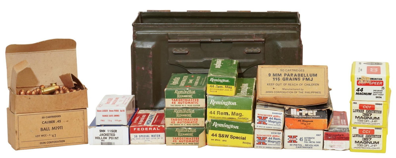 Approximately 900 Rounds of Mixed Pistol & Revolver Ammunition: Includes: -45 ACP: Olin Corp., Hornady, Remington & Winchester (FMJ & wad cutter) -9mm: Arms Corp. of Philippines, Czech, Ultramax -38 Special: Federal Match wad cutter -357 Magnum: CCI Lawman