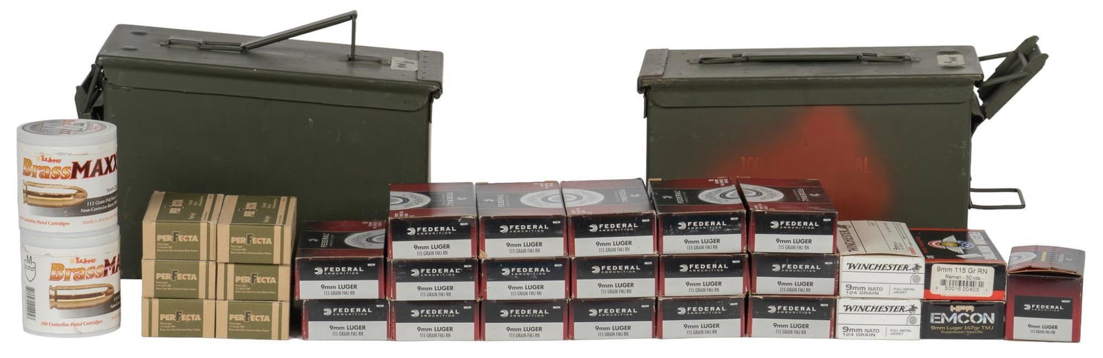 1650 Rounds of Mixed 9mm FMJ Ammunition: Includes: -950 rds of Federal 115gr. FMJ -300 rds of Perfecta 115gr. FMJ -100 rds of Winchester 124gr. FMJ -50 rds of Freedom Munitions 115gr. RN -50 rds of HPR Emcon 147gr. TMJ Subsonic -200 rds of T