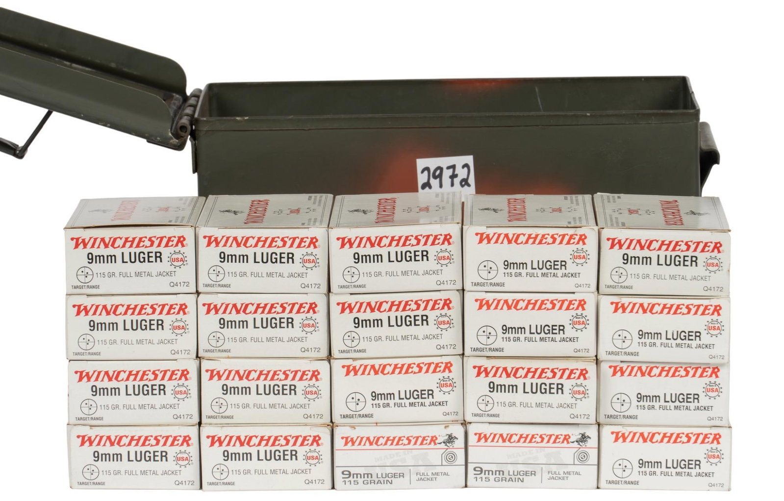 Approximately 1000 rounds of Winchester 9mm Ammunition: Includes: -1650 Rounds of Winchester 9mm 115 Gr FMJ Provenance: A Lago Vista, Texas estate Nationwide in-house shipping is available on this item. Please email shipping@vogtauction.com or call 210
