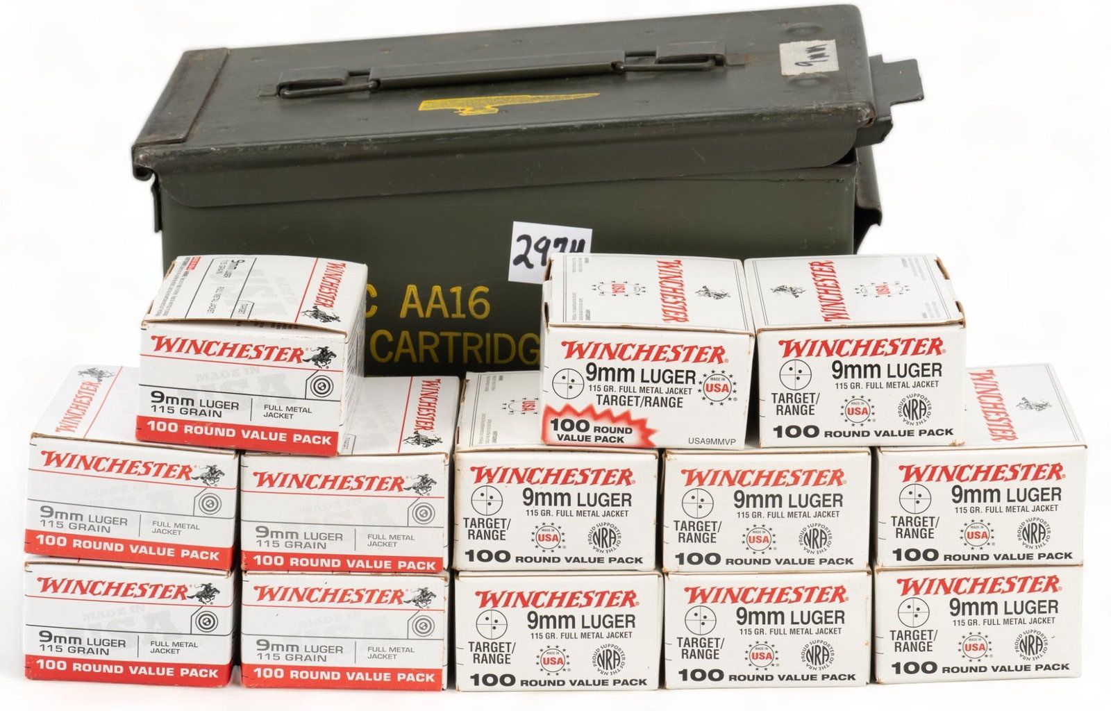 Approximately 1300 rounds Winchester 9mm Ammunition: Includes: -1300 Rounds of Winchester 9mm 115 Gr FMJ Provenance: A Lago Vista, Texas estate Nationwide in-house shipping is available on this item. Please email shipping@vogtauction.com or call 210