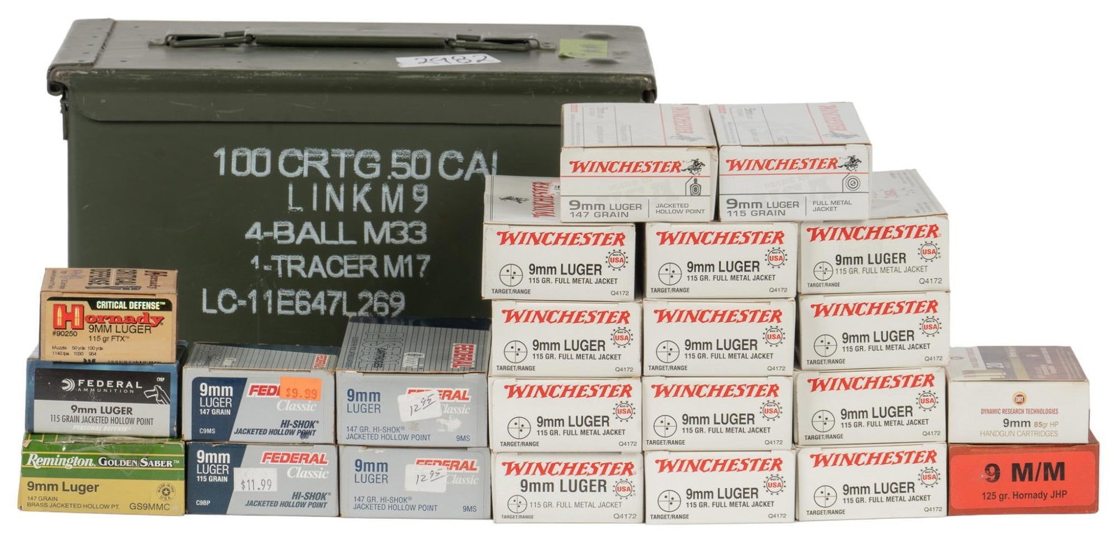 Approximately 980 Rounds of 9mm Ammunition: Includes: -650 Rounds of Winchester 9mm 115gr, FMJ -100 rounds of Winchester 9mm 147 gr, JHP -120 rounds of Federal 9mm 147 gr, JHP -40 rounds of Federal 9mm 115 gr, JHP -20 rounds of DRT 9mm 85 gr, H