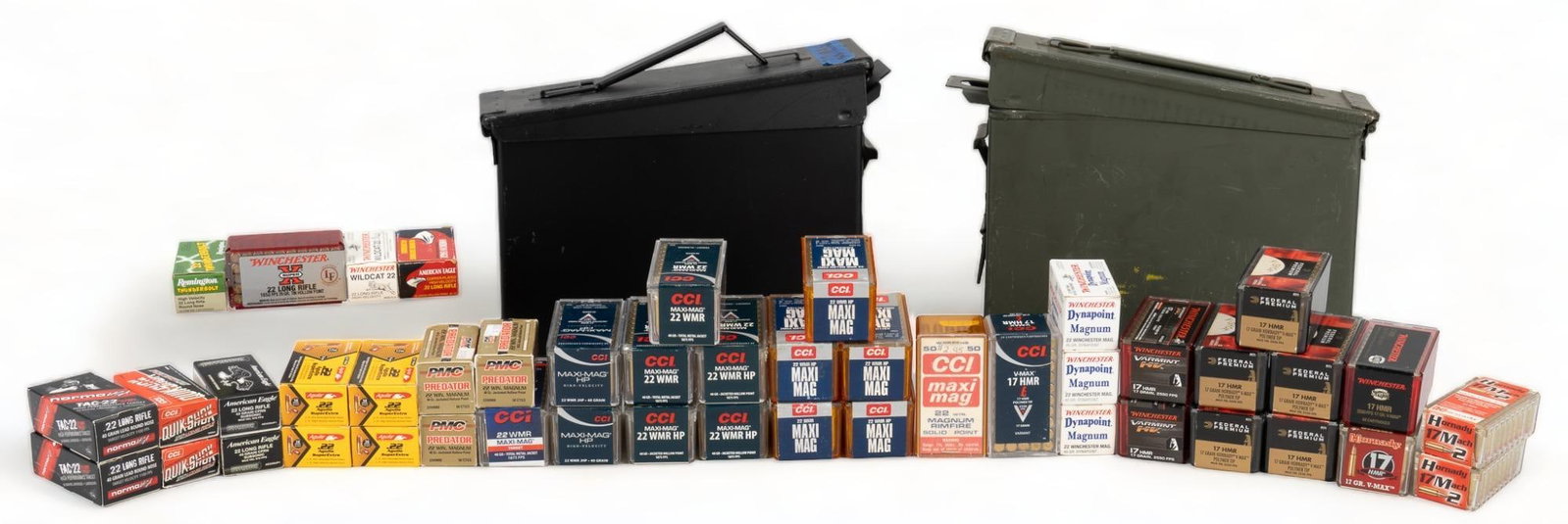 Approximately 2290 Rounds of Mixed 22 WMR, 22 LR, 17 HMR & 17 Mach 2 Ammunition: Includes: -(22WMR) 250 rds of CCI Maxi-Mag 40gr. FMJ; 450 rds of CCI Maxi-Mag 40gr. JHP; 150 rds of Winchester 45gr. Dynapoint; 150 rds of PMC Predator 40gr. JHP -(17HMR/Mach2) 250 rds of Federal V-Sh