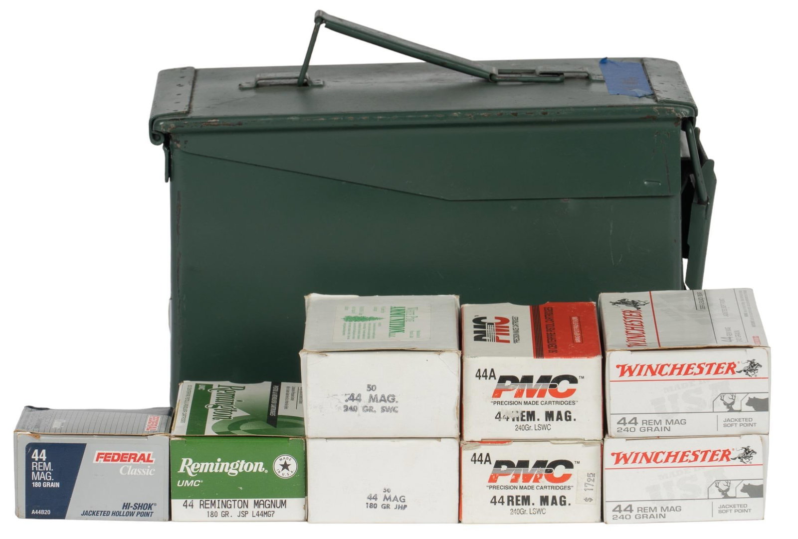 370 Rounds of Mixed 44 Rem Mag Ammunition: Includes: -100 rds of Winchester 240gr. JSP -50 rds of White Pine Remanufactured 240gr. SWC -50 rds of White Pine Remanufactured 180gr. JHP -50 rds of Remington 180gr. JSP -100 rds of PMC 240gr. LSWC 