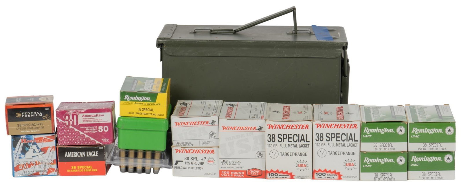 Approximately 745 Rounds of 38 Special Ammunition: Includes: -150 rounds of Remington 38 Special 130 Gr FMJ -300 rounds of Winchester 38 Special 130 Gr FMJ -50 rounds of Remington 38 Special +P 125 Gr JHP -50 Rounds of 3-D Ammunition 38 Special 14