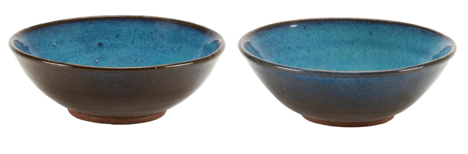 Harding Black, Turquoise Blue Bowls, 1991: Harding Black (San Antonio, Texas, 1912-2004), turquoise glazed bowls (2) with brown rim and exterior, 1991, glazed ceramic, harding red iron clay size: 3 in. height x 6.5 in. diameter / both Provenan