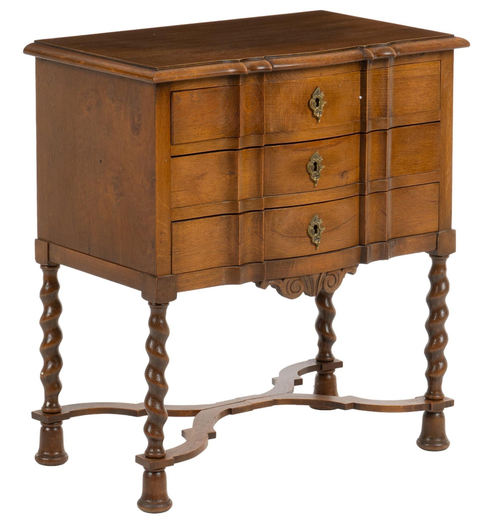 William and Mary Style Chest of Drawers: William and Mary style chest of drawers, featuring three bowfront drawers, with carved crest accent, above barley twist legs, connected with curved X-stretcher height 26.5 in. x width 24 in. x depth 1