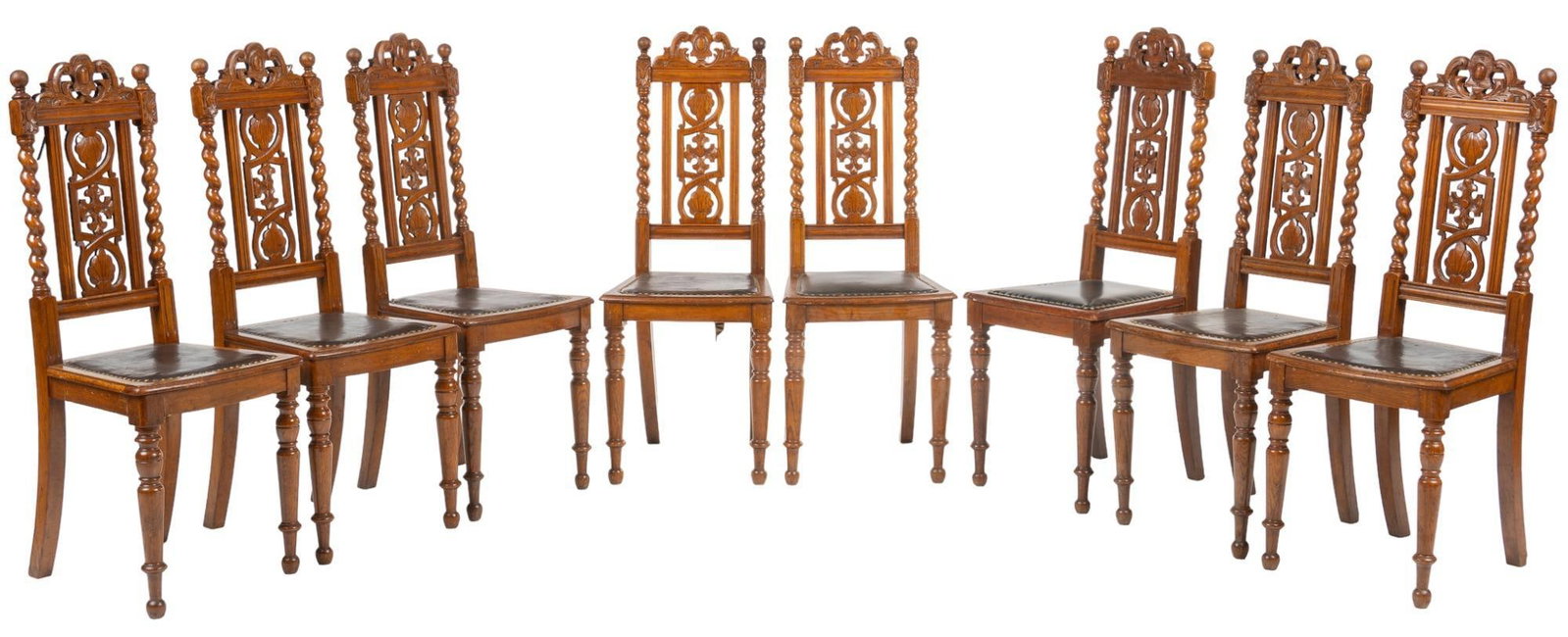 Set of (8) Chairs: Set of eight dining chairs, with decoratively pierced back featuring scrolled crest, and single twist pillar accents, leather-lined seat with metal accents, with perforated star design on underside, s