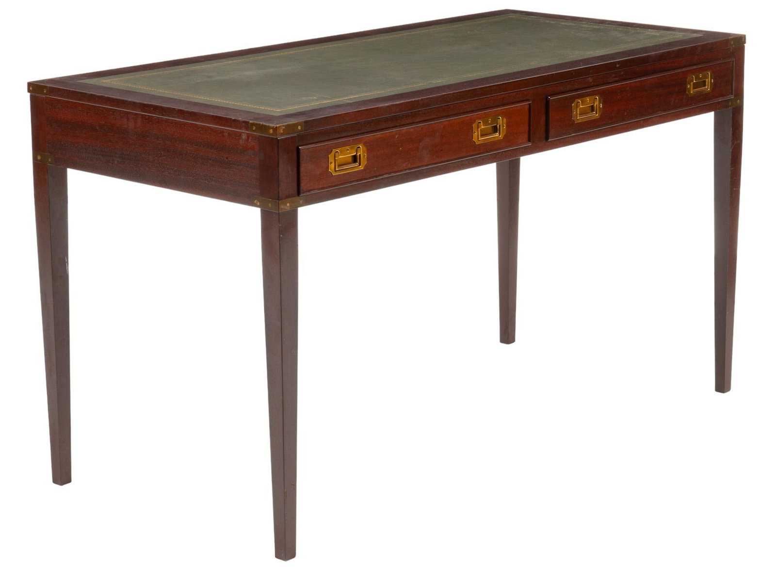 Leather Top Desk: Desk, green leather inlaid top and metal accents, two drawers with metal recessed pulls, supported on tapering block legs height 29.5 in. x width 52 in. x depth 25 in. We happily provide seamless ship