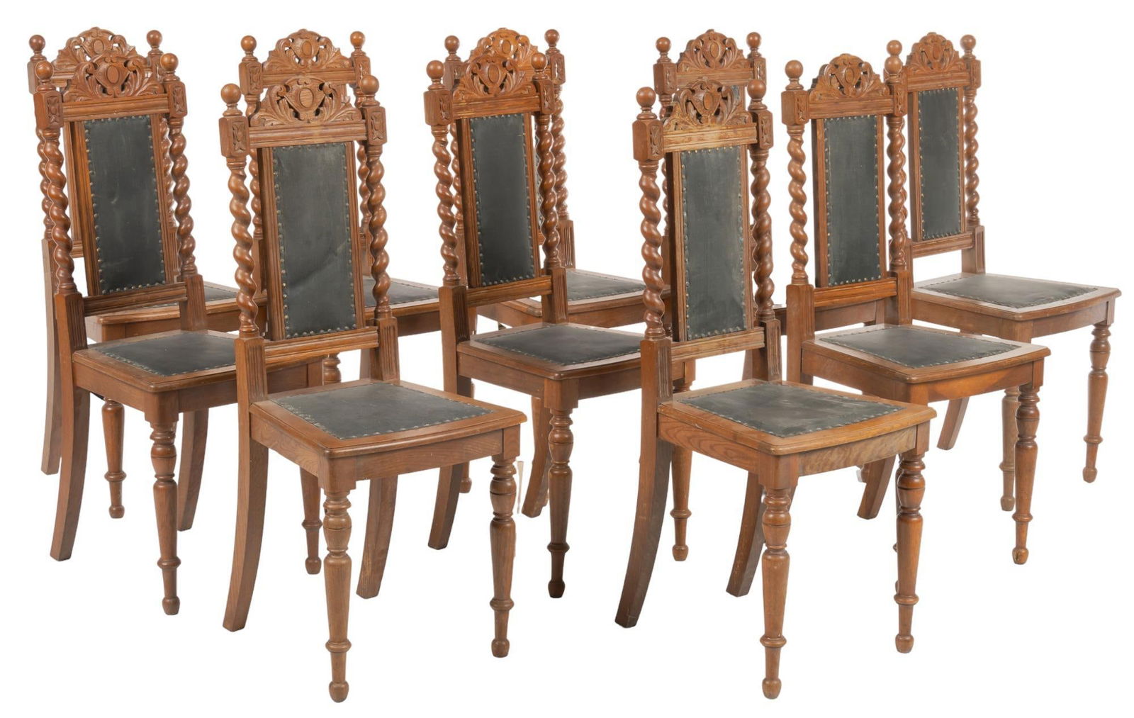 Set of (10) Vintage Chairs: Set of ten vintage dining chairs, featuring pierced and carved crest, above leather lined back support, flanked by barley twist pillar accents topped with bulb finials, with leather lined seat, with m