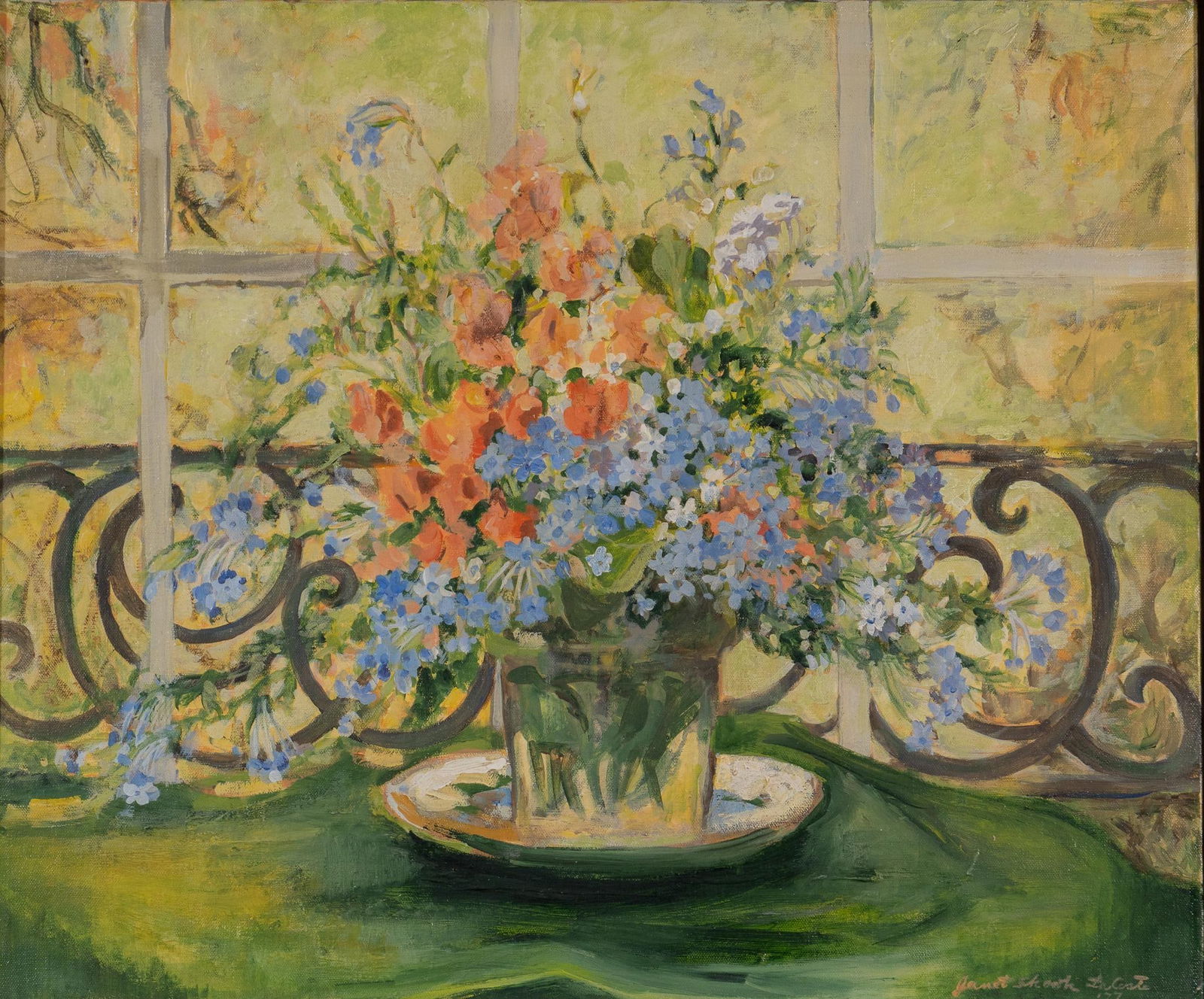 Janet Shook LaCoste, Floral Arrangement, 1977: Janet Shook LaCoste, floral arrangement on bistro table, 1977, oil on canvas sight: 20 x 24 in., frame: 28 x 32 in. Provenance: A San Antonio, Texas collection We happily provide seamless shipping