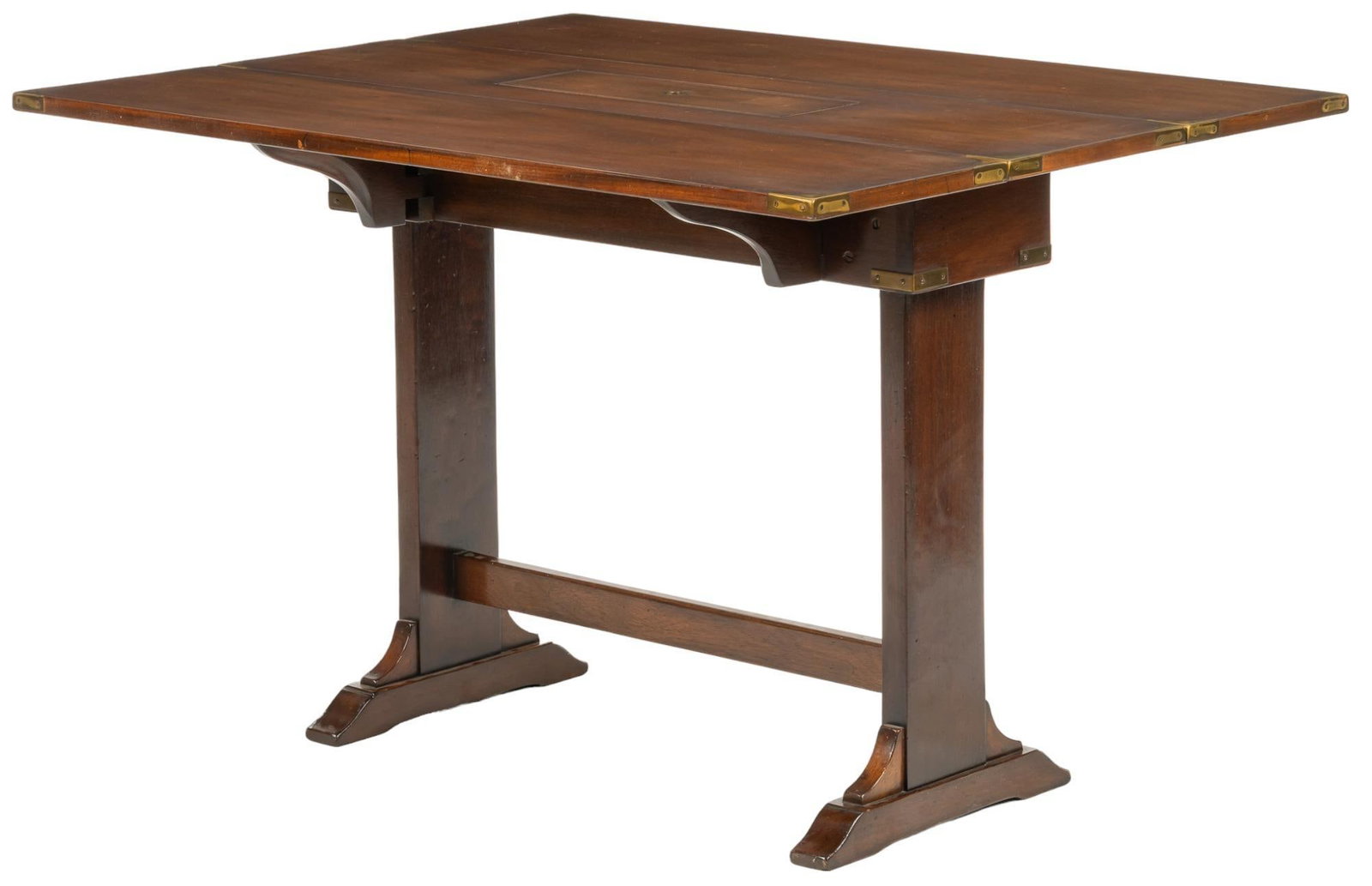 Extending Table: Extending table with two rising panels, with center console featuring removable panel with recessed ring pull, opening to interior storage cache, with metal hardware and accents, rising on stretchered